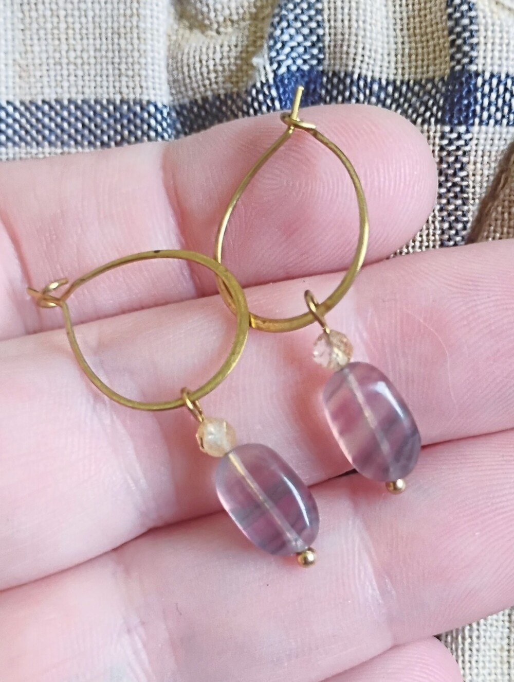 Rainbow Fluorite + Rutilated Quartz Charm Hoops